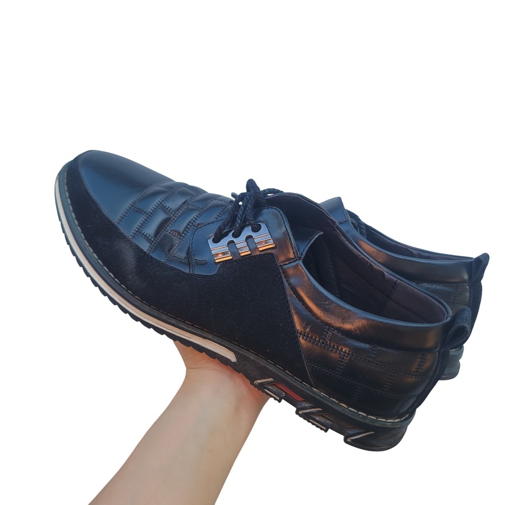 Gatsby Mens Sneakers 45 Black Leather Suede Embossed Grid Casual Luxury